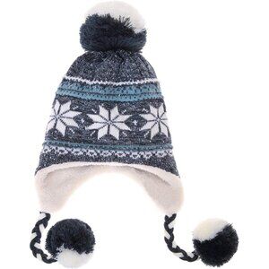 Women Black Pompom Long Ear Straps Beanie Winter Warm Fleece Lined Ski Hats Cap